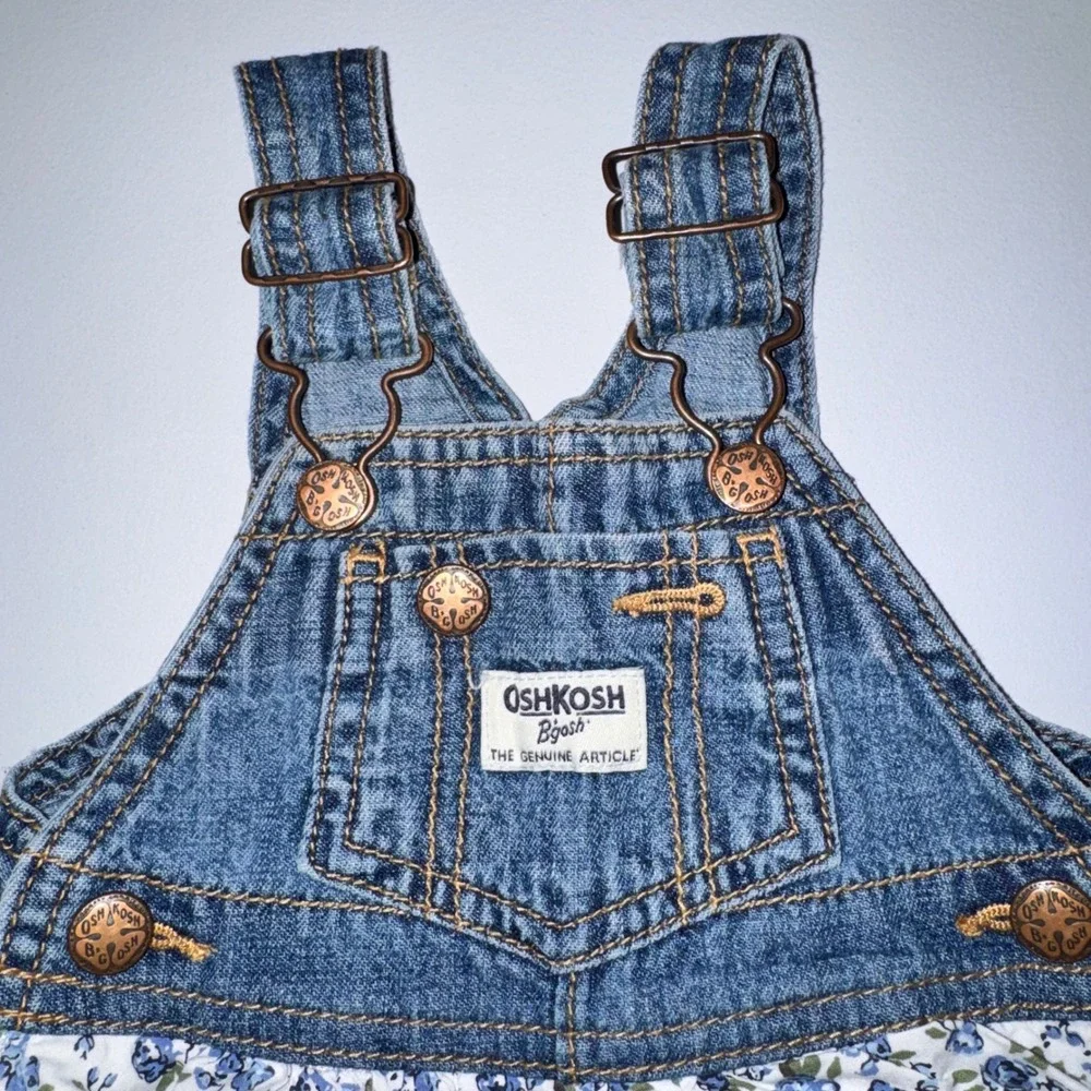 OshKosh B'gosh Dress Baby Girl 9M Blue Denim Floral Gingham Ruffle Vestbak